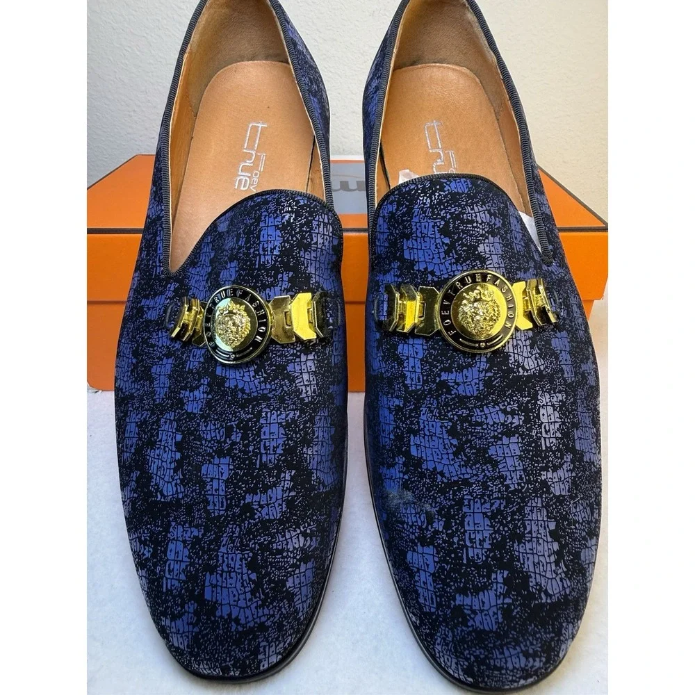 FOEVTRUE Men's Slip On Dress Loafers 10.5 Black Blue Gold Medallion Buckle Forma